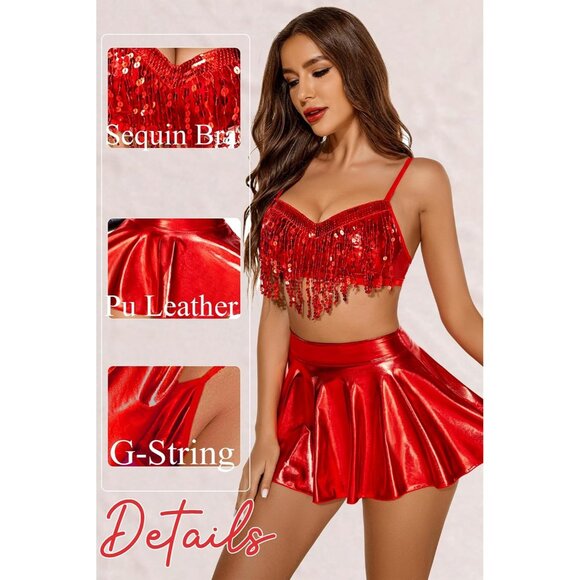 Rave Outfits for Women Sequin Fringe Cosplay Lingerie with Metallic Skirt 3pack - Picture 3 of 8